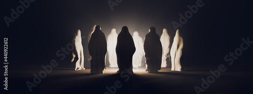 3D Rendering, illustration of several ghostly figures in a dark background photo