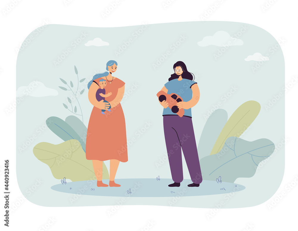 Sister or friend giving toy car to child as present. Mother holding son, young girl with gift flat vector illustration. Family, celebration concept for banner, website design or landing web page