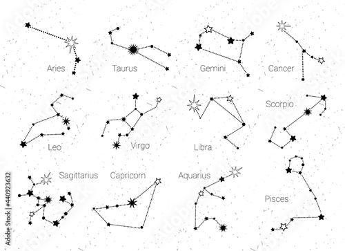 Vector Zodiac Constellations Set of 12 signs: Aries, Taurus, Gemini, Cancer, Leo, Virgo, Libra, Scorpio, Sagittarius, Capricorn, Aquarius, and Pisces.