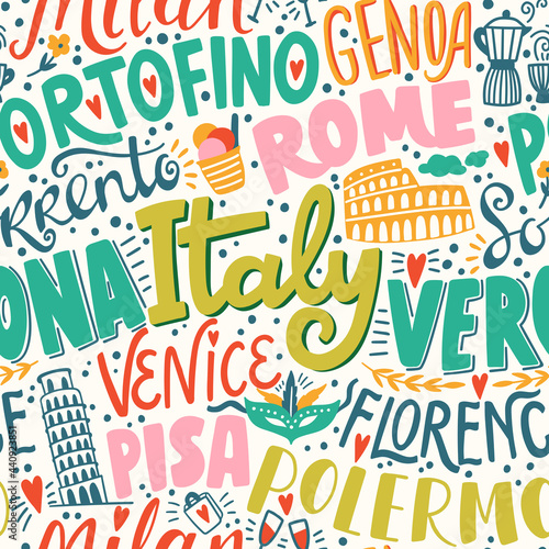 Around the World. ITALY vector lettering seamless pattern. Country and major cities. Vector illustration (ID: 440923851)