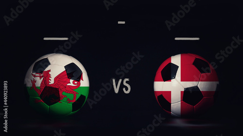 Wales vs Switzerland Euro 2020 football matchday announcement. Two soccer balls with country flags, showing match infographic, isolated on black background with scoreboard copy space. photo