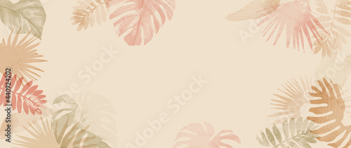 Pink summer tropical background vector. Palm leaves, monstera leaf, Botanical background design for wall framed prints, wall art, invitation, canvas prints, poster, home decor, cover, wallpaper.	