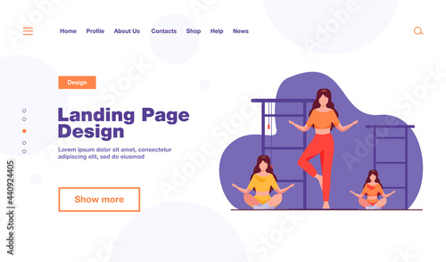 Group of women doing yoga. Class of meditation, gym, fitness club flat vector illustration. Lifestyle, stress relief, activity concept for banner, website design or landing web page