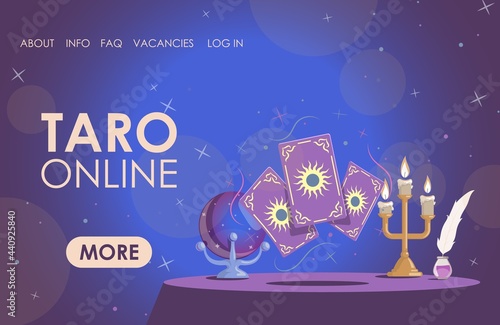 Taro online vector flat landing page template with text. Table with candles, pen, ink, magic crystal ball for predictions, and witchcraft taro cards with sun sign. Esoteric, occult session concept.