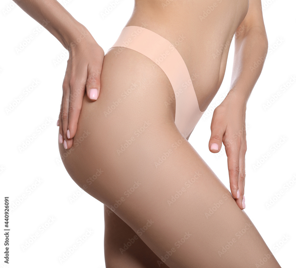 Closeup view of slim woman in underwear on white background. Cellulite  problem concept Stock Photo