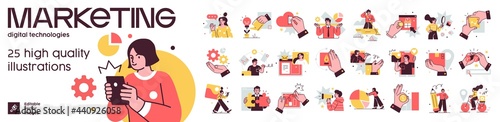 Social Media Marketing illustrations. Mega set. Collection of scenes with men and women taking part in business activities. Trendy vector style