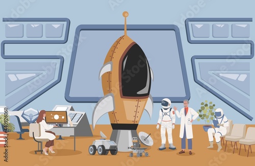 Launch rocket center with cosmonaut in space suit vector flat illustration. Engineer and scientist preparing astronaut to space flight in space ship. Space exploring mission concept.