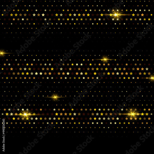 Gold glitters. Vector fireworks star symbols are organized into halftone grid with inclined gold gradient.