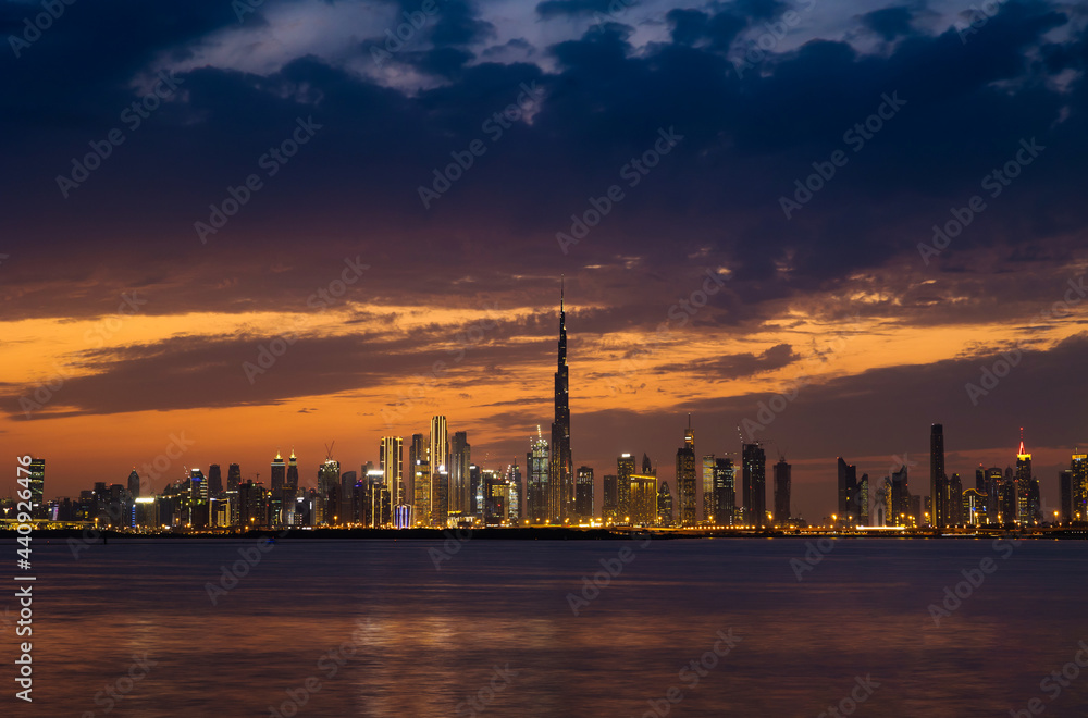 Stunning Panoramic view of Dubai city skyline in the night