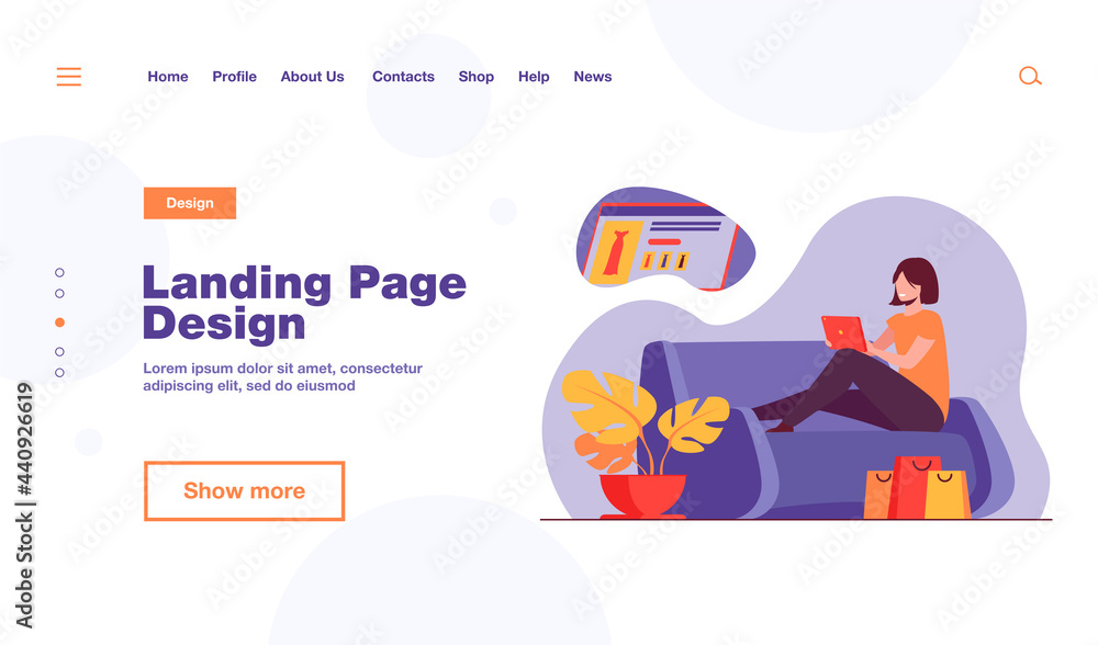 Fototapeta premium Happy customer shopping online. Woman with tablet on couch at home, bags, hot drink flat vector illustration. Consumerism, internet store, sale concept for banner, website design or landing web page