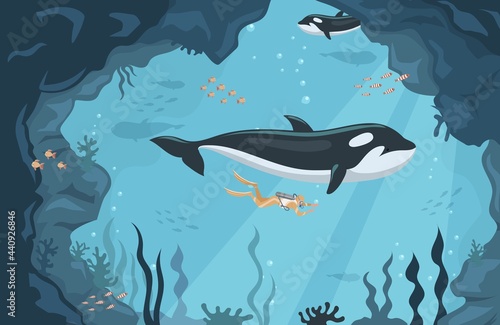 Scuba diver swimming in the ocean with whales vector flat illustration. Man swimming underwater in coral reef with tropical fishes. Marine life, underwater landscape, sea nature concept.
