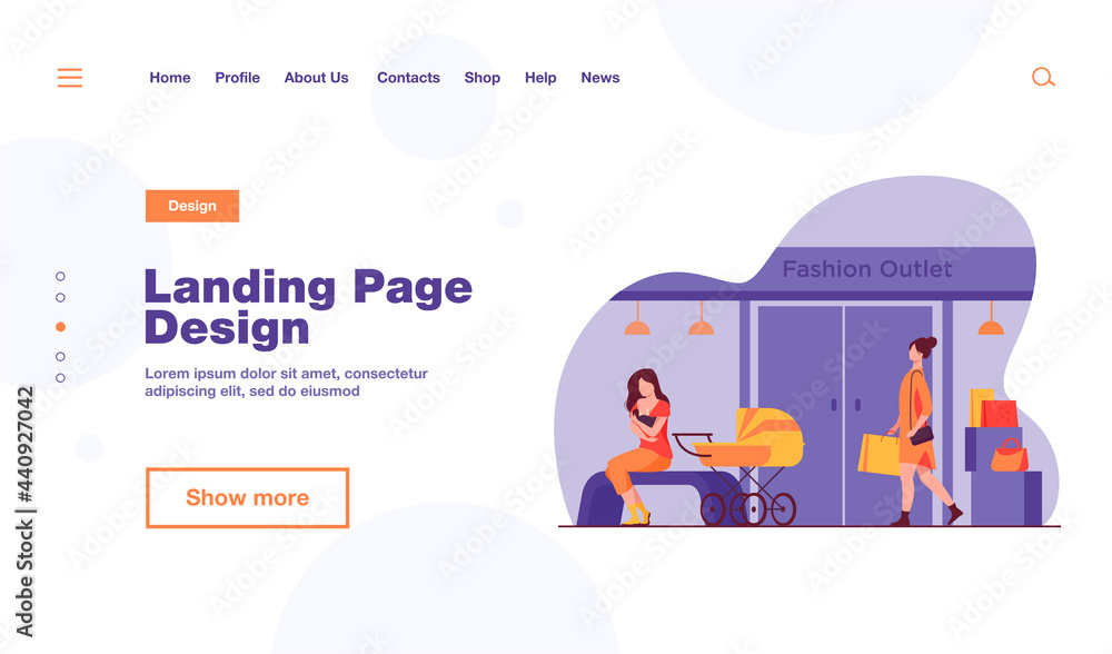 Mother feeding baby near fashion outlet. Store, pram, shopping flat vector illustration. Motherhood and lactation concept for banner, website design or landing web page Mother feeding baby near fashion outlet. Store, pram, shopping flat vector illustration. Motherhood and lactation concept for banner, website design or landing web page