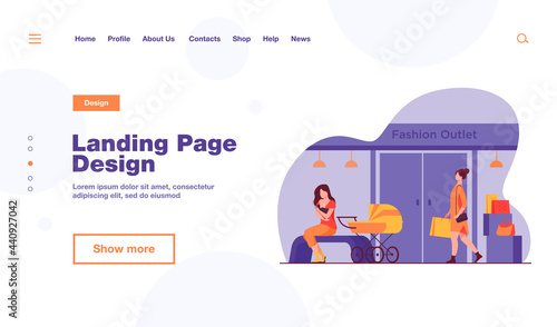 Mother feeding baby near fashion outlet. Store, pram, shopping flat vector illustration. Motherhood and lactation concept for banner, website design or landing web page