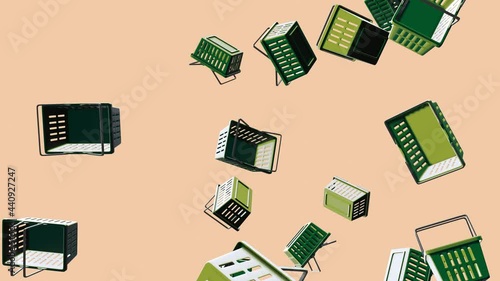 Green plastic shopping baskets on beige background.
Toon style abstract animation for background.
Loop able.
 photo