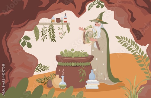 Old wizard with long white beard preparing magic poison vector flat illustration. Magician man cave with cauldron, poison flasks, herbs and plants and magic books. Happy Halloween concept.
