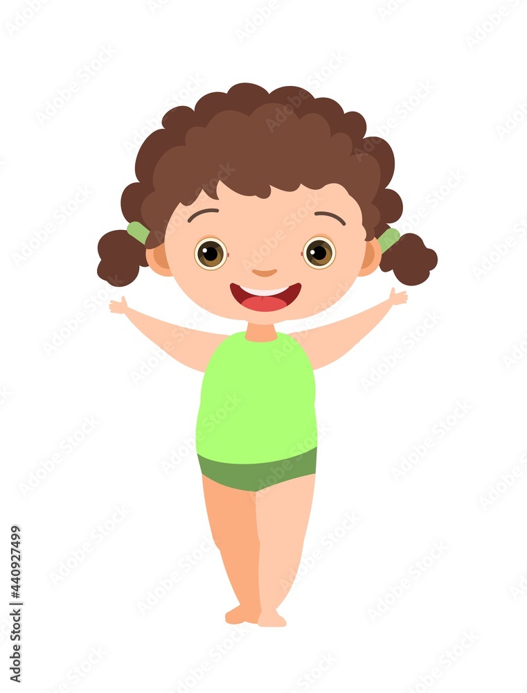 The cheerful girl rejoices. Prepared for water games in the sea, river or pool. In beachwear. Isolated on white background. Illustration in cartoon style. Flat design. Vector art The cheerful girl rejoices. Prepared for water games in the sea, river or pool. In beachwear. Isolated on white background. Illustration in cartoon style. Flat design. Vector art