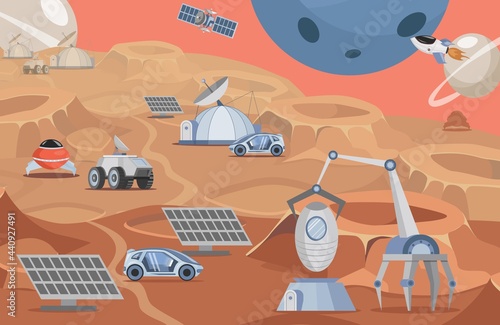 Planet colonization vector flat illustration. Mars rovers, solar panels, rockets and robots on planet surface making scientific researches. Robotic autonomous vehicles for space discovery.