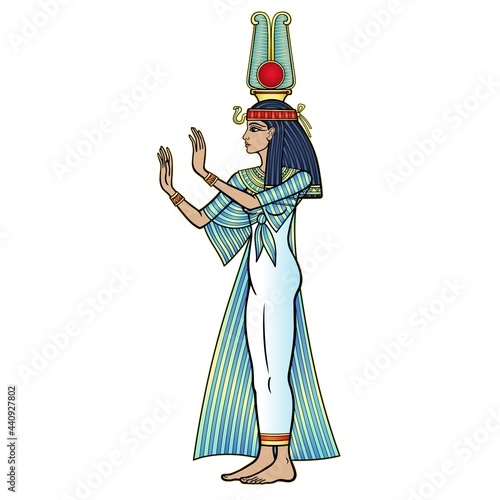 Animation color portrait: beautiful Egyptian woman in ancient clothes with a crown extends his hand. Full growth. Goddess, princess. Profile view. Vector illustration isolated on a white background. 