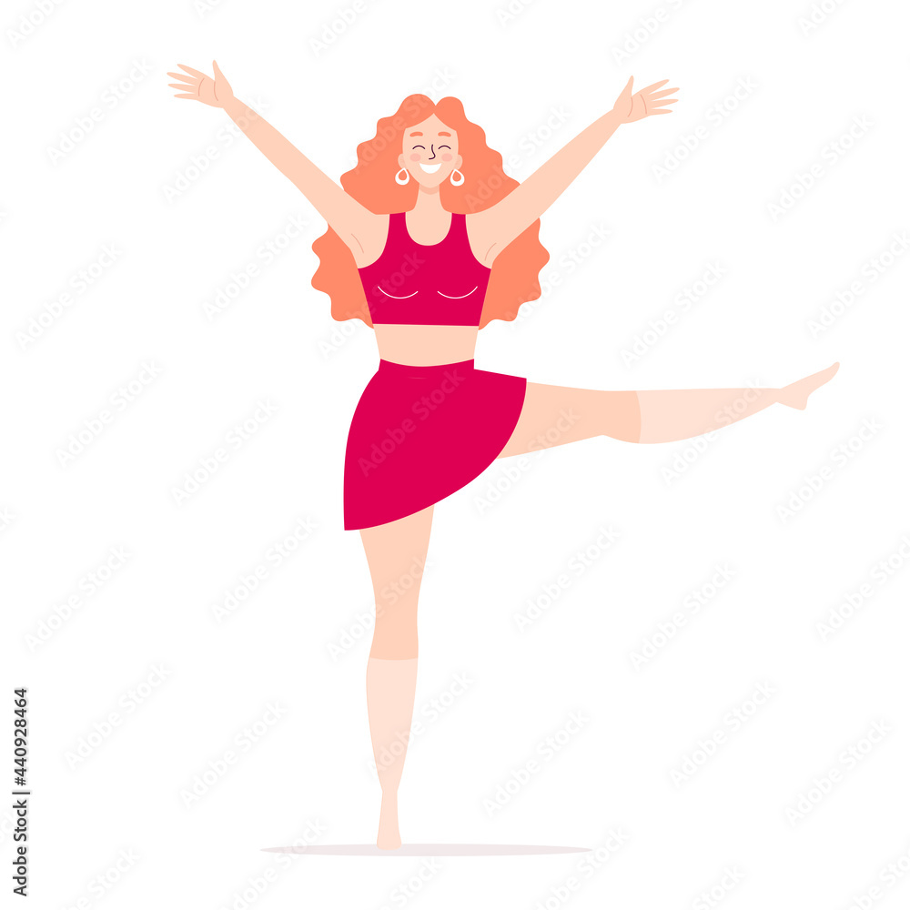 Dancing happy young woman. Disco, sports activity, fitness, movement. Love to yourself and your body. Illustration in flat style isolated on white background Dancing happy young woman. Disco, sports activity, fitness, movement. Love to yourself and your body. Illustration in flat style isolated on white background
