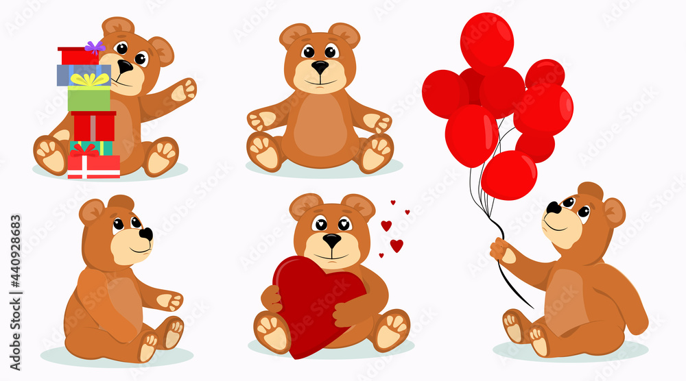 A set of vector illustrations with Teddy bear for celebrations, isolated on a white background.