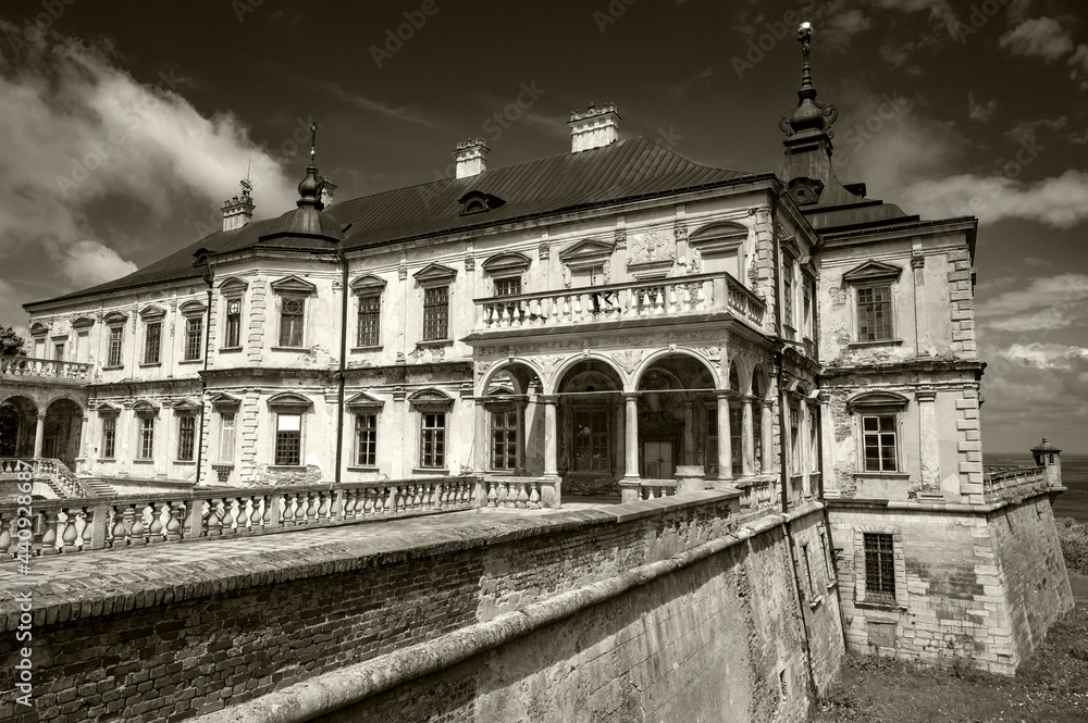 old European castle in black and white sepia 