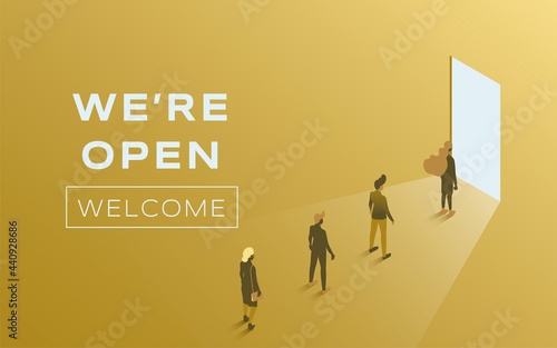 We are open vector flat poster design. People standing in line against open door. Advertising and promotion banner with space for text. Card for cafe, restaurant, store, or shop opening.