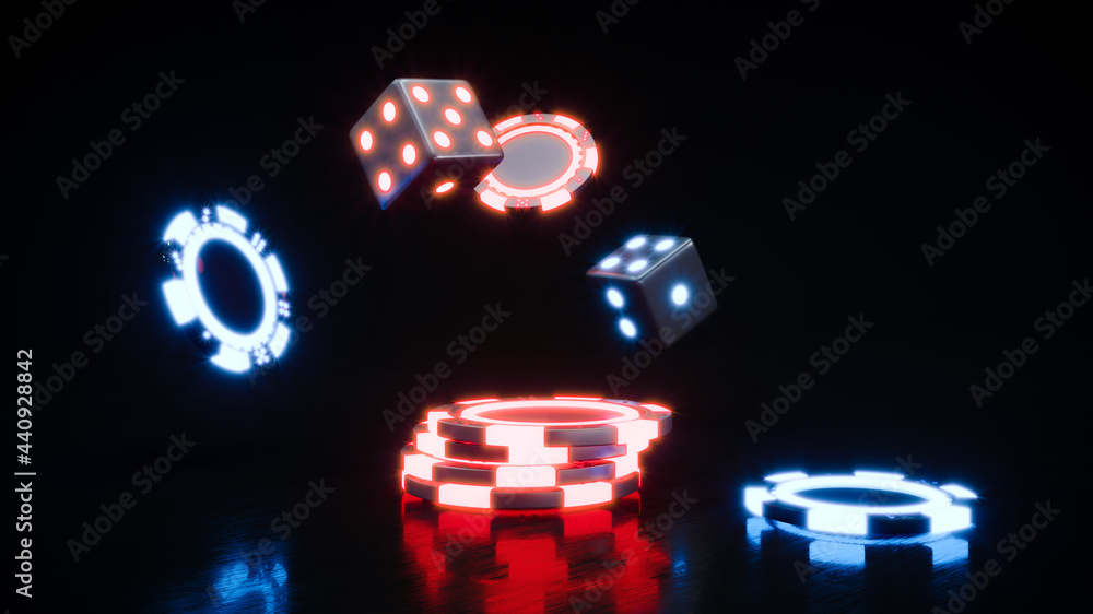 Casino background with neon roulette and chips falling 3d rendering
