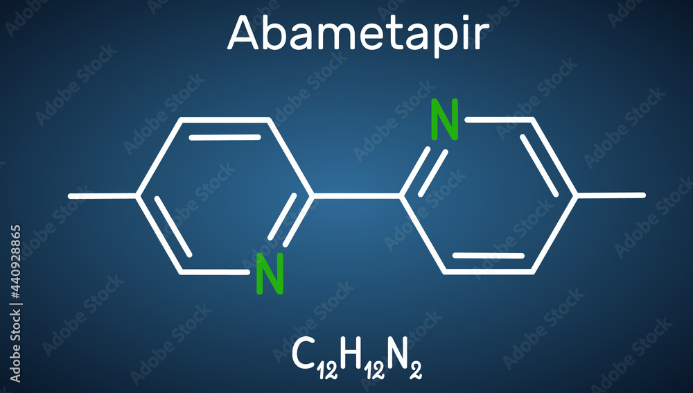 Abametapir molecule. It is used to treat infestations of head lice, pediculus capitis. Structural chemical formula on the dark blue background