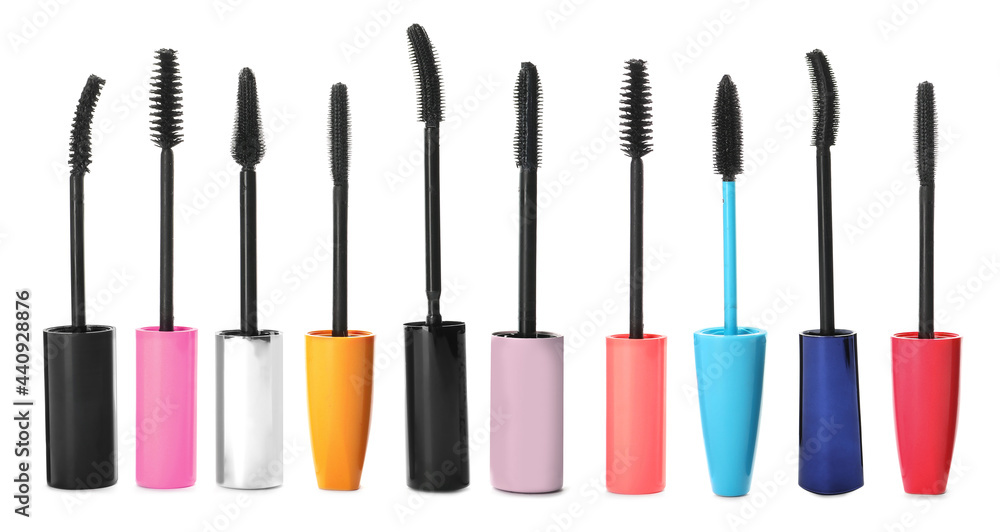 Obraz premium Set with different mascara wands on white background. Banner design
