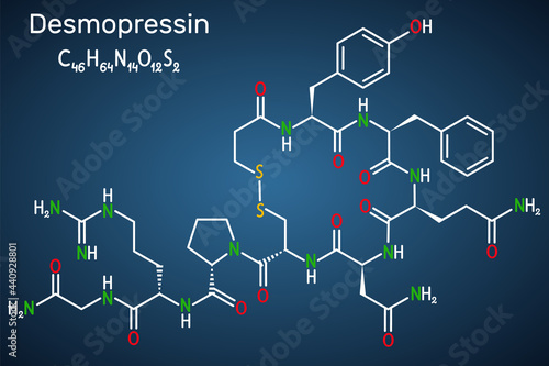 Desmopressin, desmopresina, desmopressinum molecule. It is antidiuretic peptide drug, synthetic analogue of vasopressin. Structural chemical formula on the dark blue background