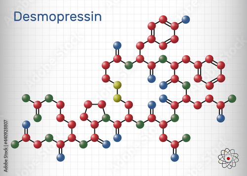 Desmopressin, desmopresina, desmopressinum molecule. It is antidiuretic peptide drug, synthetic analogue of vasopressin. Sheet of paper in a cage