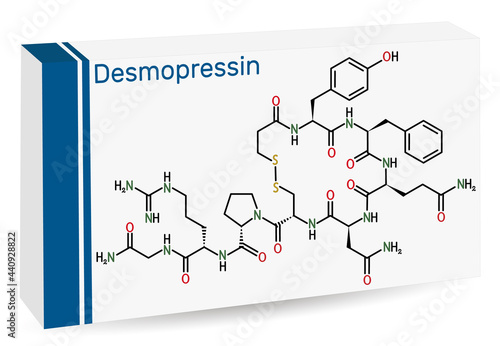 Desmopressin, desmopresina, desmopressinum molecule. It is antidiuretic peptide drug, synthetic analogue of vasopressin. Skeletal chemical formula. Paper packaging for drugs