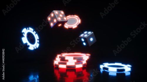 Casino background with neon roulette and chips falling 3d rendering © Yury