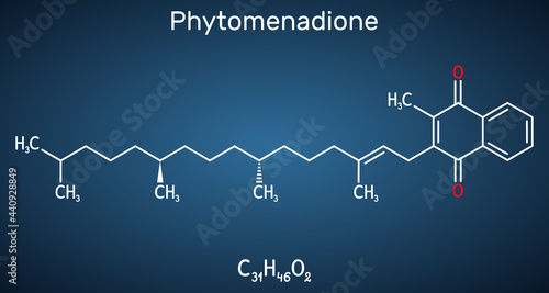 Phytomenadione, vitamin K1, phylloquinone molecule. It is essential fat soluble vitamin, is important in maintaining normal blood coagulation. Dark blue background. Vector illustration
