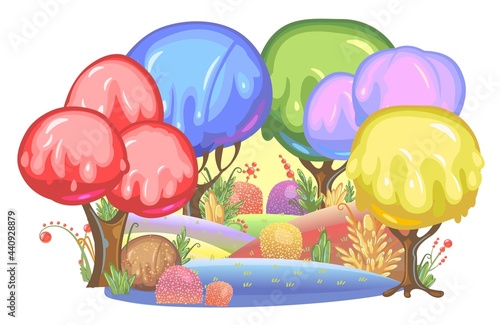 Candy background. Cartoon sweet land. Beads of jelly, ice cream and caramel. Chocolate. Cute childrens fairy landscape. Isolated fantastic illustration. Vector