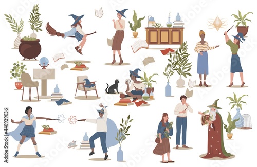 Group of wizards and witches practicing magic vector flat illustration isolated on white background. Women flying on broomsticks and conjuring, men casting spells. Witchcraft courses concept.