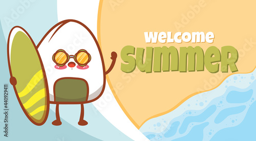 cute onigiri holding surfing board with a summer greeting banner.