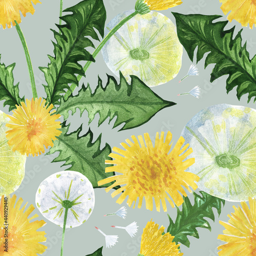 vegetable print dandelions with leaves and flowers on a grey background