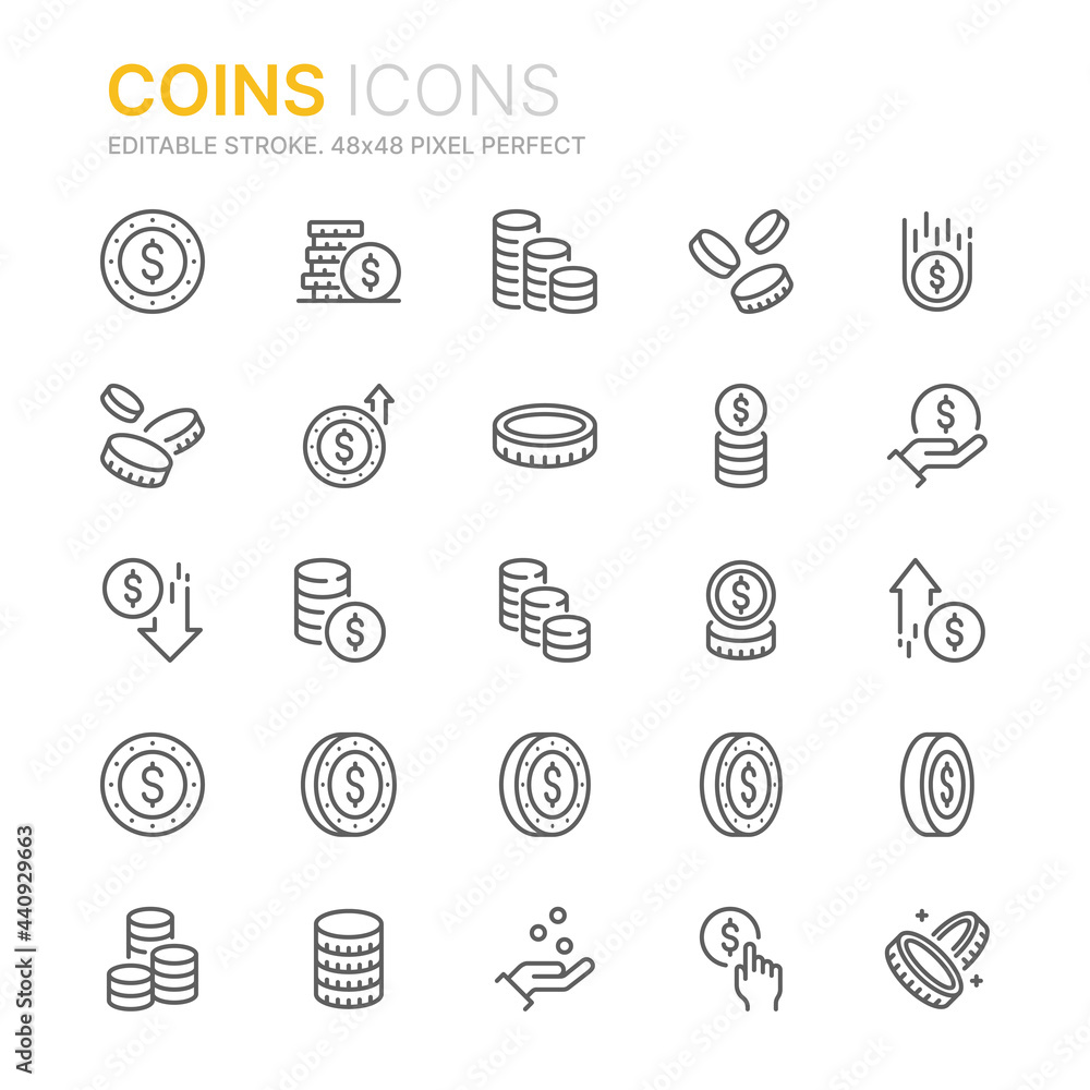 Collection of coins related outline icons. 48x48 Pixel Perfect. Editable stroke Collection of coins related outline icons. 48x48 Pixel Perfect. Editable stroke