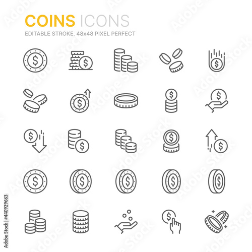 Collection of coins related outline icons. 48x48 Pixel Perfect. Editable stroke
