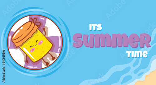 cute marmalade floating relax with a summer greeting banner