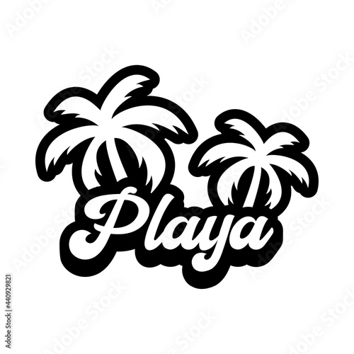 Destino de vacaciones. Logotipo con texto Playa en español con palmeras con sombra en color negro