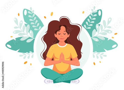 Woman meditating in lotus pose. Healthy lifestyle, wellbeing, relax, meditation. Vector illustration