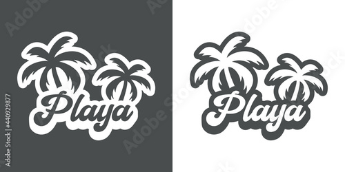 Destino de vacaciones. Logotipo con texto Playa en español con palmeras con sombra en fondo gris y fondo blanco