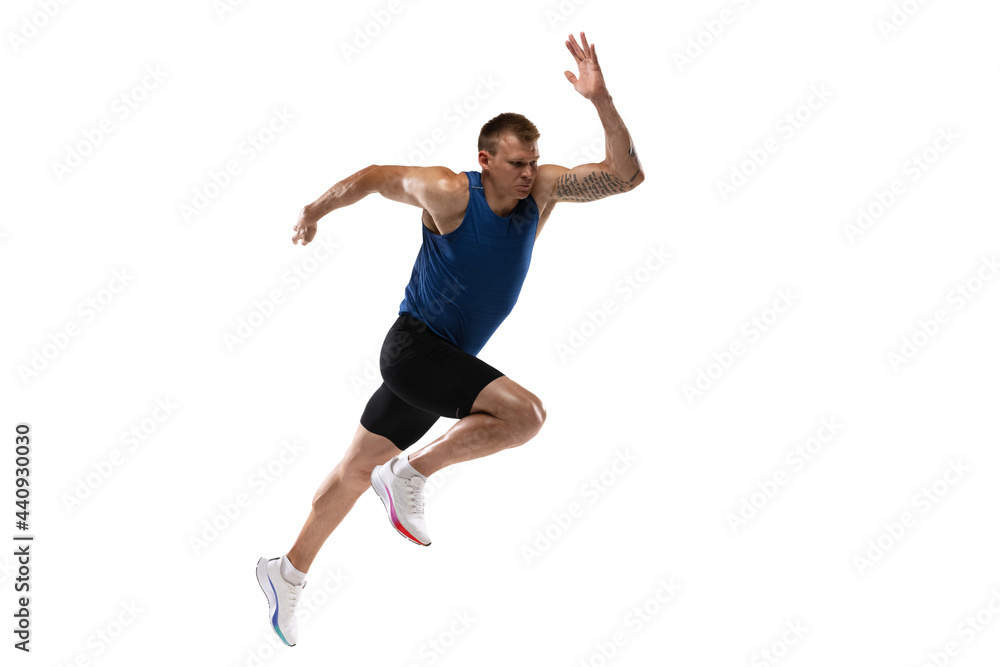 Caucasian professional male athlete, runner training isolated on white studio background. Muscular, sportive man. Concept of action, motion, youth, healthy lifestyle. Copyspace for ad. Caucasian professional male athlete, runner training isolated on white studio background. Muscular, sportive man. Concept of action, motion, youth, healthy lifestyle. Copyspace for ad.