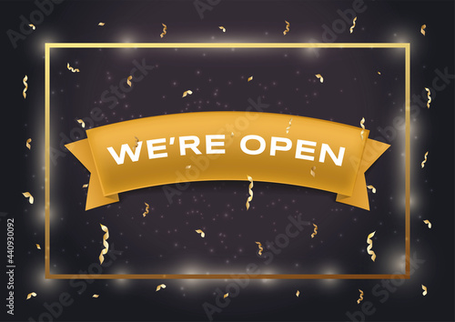 We are open vector flat banner template. White text on golden ribbon, black background with gold confetti. Open business, restaurant, cafe, shop, or store advertising card design.