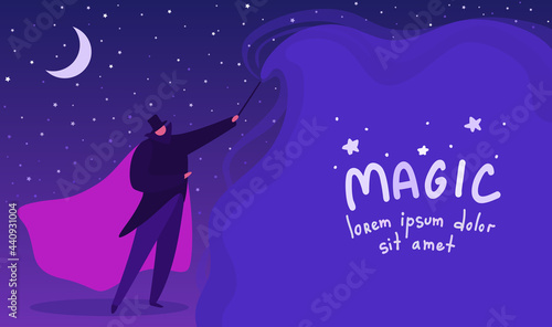 A magician casts a spell with his magic wand. A template with copy space for text. An illusionist doing magic. Magical conjurer. A vector cartoon illustration.