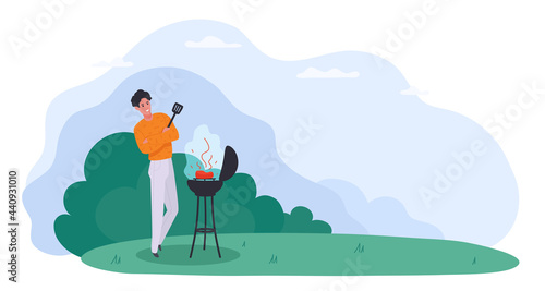 A man standing near a bbq, cooking a meat steak, waiting. Barbecue, grill. Summer trees on the background. A vector cartoon illustration.

