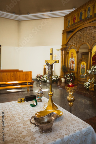 Vászonkép Altar at the church with ceremonial objects for Baptism