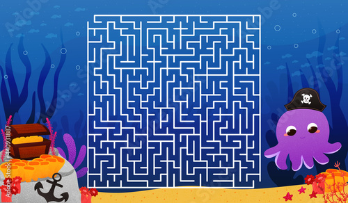 Cute octopus character for printable worksheet for kids, find right way to chest, pirate theme labyrinth, underwater flora and fauna, cartoon style riddlefor books